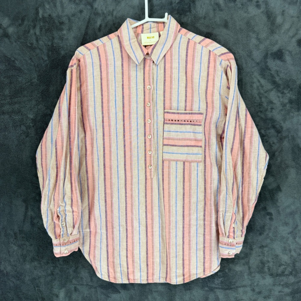 Maeve Anthropologie Womens Linen Cotton Striped Popover Tunic Top Pink Small